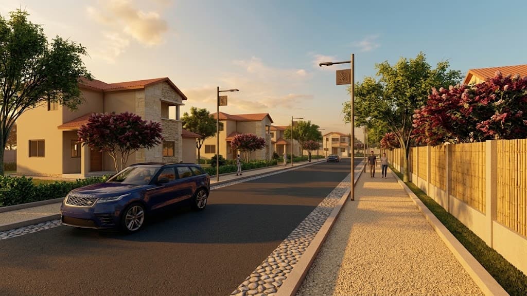 Render de una calle residencial con casas construidas en Finca Algarrobo