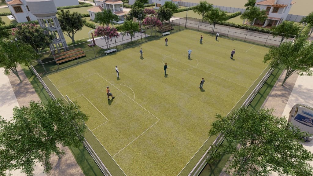 Render de la cancha deportiva de grass sintético de Finca Algarrobo