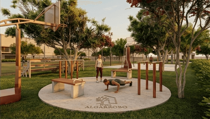 Render del gimnasio al aire libre de Finca Algarrobo