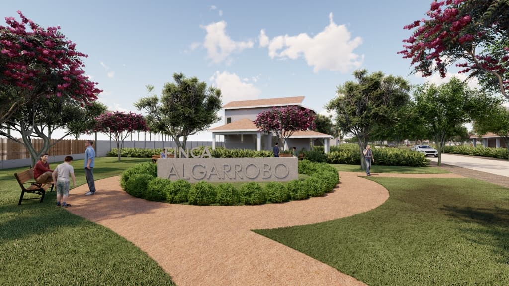 Render del monumento de bienvenida de Finca Algarrobo