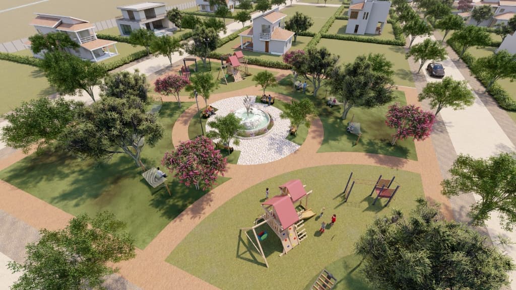 Render del parque central con pileta de Finca Algarrobo