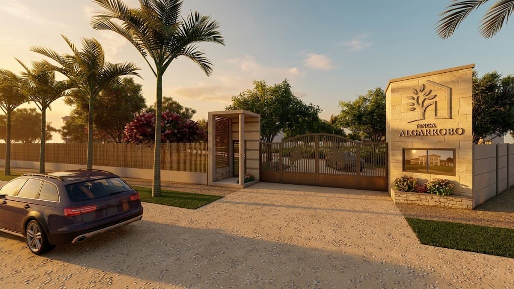 Render del pórtico de ingreso de Finca Algarrobo al atardecer