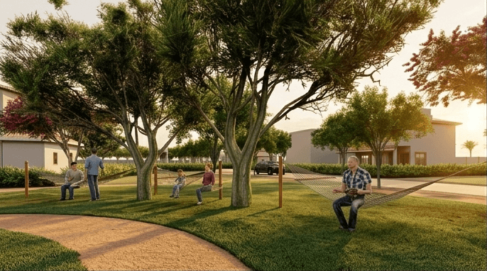 Render de personas descansando en hamacas bajo los árboles de Finca Algarrobo